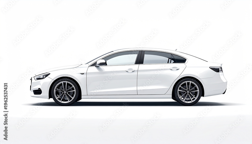 Fototapeta premium Modern white sedan car presented in a clean studio setting with a white background
