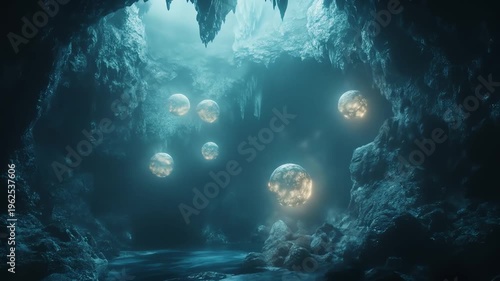 Mysterious cave illuminated by glowing spheres digital art