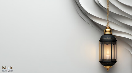 Ornate golden lantern with a lit candle illuminating a minimalist background, symbolizing new beginnings, spiritual reflection, and celebration for Islamic new year