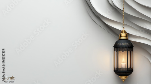 Ornate golden lantern with a lit candle illuminating a minimalist background, symbolizing new beginnings, spiritual reflection, and celebration for Islamic new year