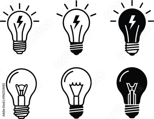 A collection of six distinct black and white light bulb icons with varied filament and power styles Vector