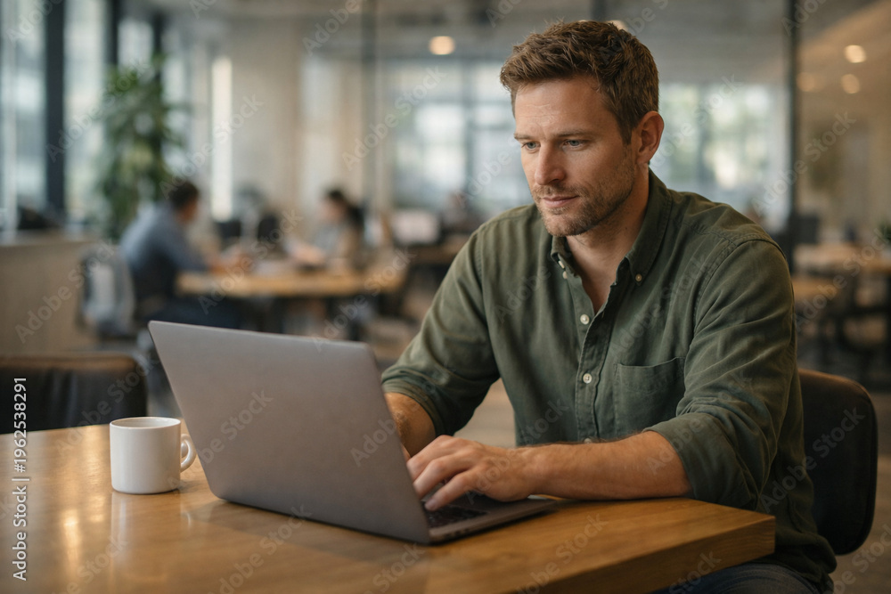 Fototapeta premium Morning glow illuminates a diligent worker focused on his silver laptop in a dynamic workplace