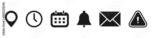 Business and planning vector icon set with map pin, clock, calendar, reminder, mail and alert symbols