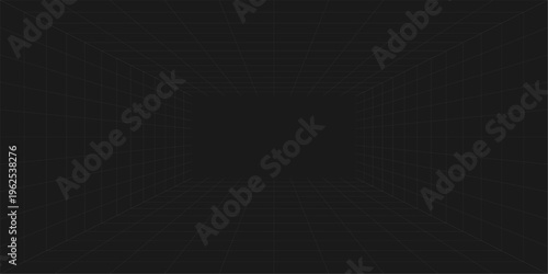 Digital perspective grid matrix background, abstract wireframe with white lines on black, vector illustration