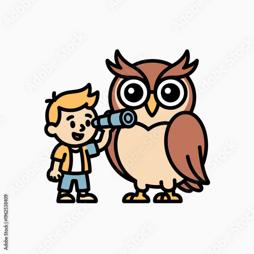 Cute cartoon boy using a telescope to observe a wise brown owl character featuring thick outlines and flat colors in a playful educational design for kids learning concepts