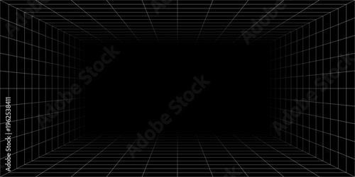 Futuristic perspective grid tunnel with motion effect, abstract wire frame on black background, vector illustration