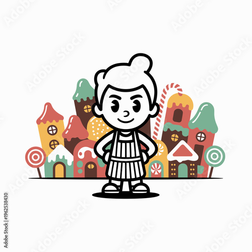 Cute baker character standing proudly in front of a whimsical colorful gingerbread village with candy canes and sweet treats in a playful flat vector illustration style