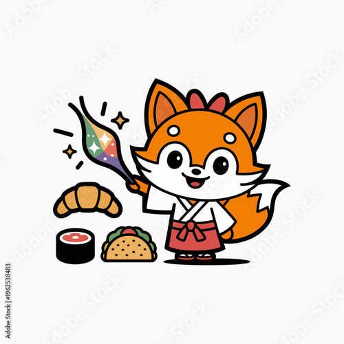 Cute cartoon fox chef character holding a magic wand cooking delicious food like sushi and croissants in a fun vector illustration style with vibrant colors on white