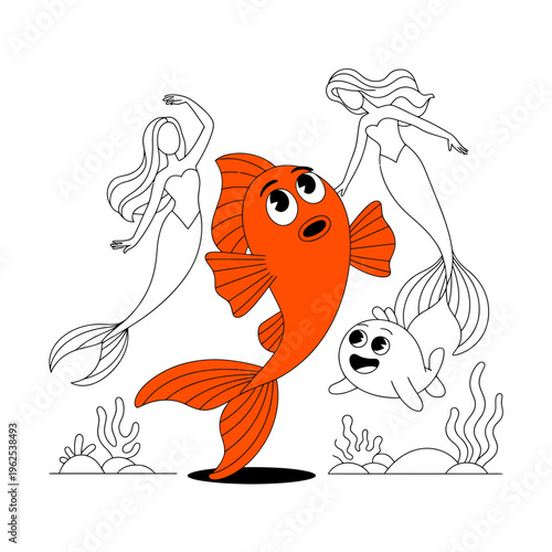 Cute cartoon orange fish swimming among line art mermaids and small smiling fish in an underwater ocean scene for children coloring book activity page design illustration