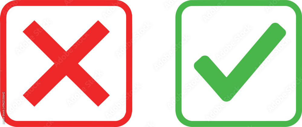 Obraz premium A red cross and a green check mark inside rounded square boxes isolated on a white background Vector
