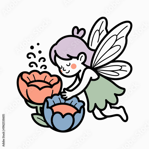 Cute little fairy touching colorful blooming flowers in a whimsical garden setting with soft pastel colors and simple hand drawn line art illustration for kids design