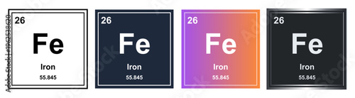 Iron chemical element Fe, periodic table element infographic with atomic number and mass