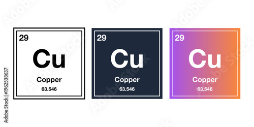 Copper chemical element Cu periodic table infographic, atomic number and mass vector illustration