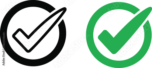 Two distinct check mark icons featuring a hollow black outline version and a solid green version Vector