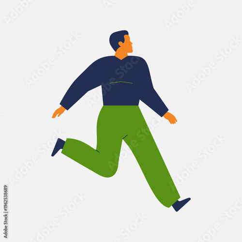 man running fast and rushing. male person runner moving forward with strong efforts to succeed. Flat vector illustration isolated on white background