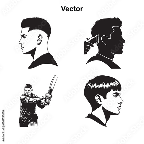 Set of black and white silhouettes featuring stylish male portraits