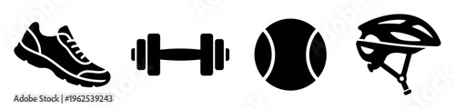 A set of black silhouette icons for sport and fitness activities. Includes a sneaker, dumbbell, tennis ball, and helmet. Perfect for web, app, and print design.