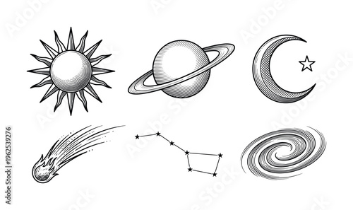 A set of vintage celestial symbols in a hand-drawn engraving style. Includes sun, moon, planet, comet. For astrology, esoteric logos, or spiritual design.