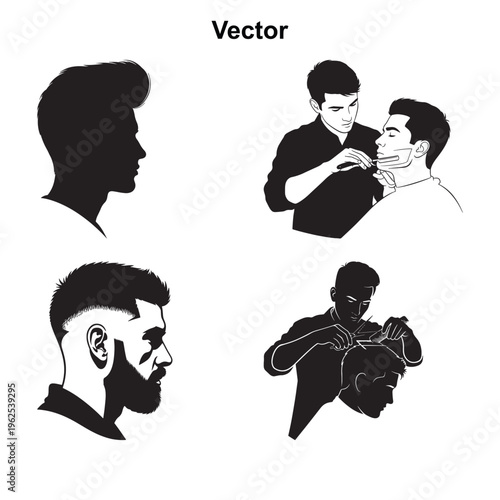Set of black and white men grooming and haircut icons