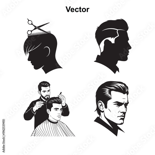 Set of black and white designs featuring various men haircuts