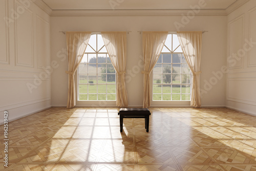 Fényképezés classic spacious living room with paneling walls in the sunlight