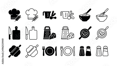 Set of black kitchen and cooking icons in glyph and line styles. Includes chef hat, utensils, and dinnerware. Perfect for culinary websites, restaurant menus, or food blogs.