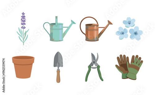 A vector illustration set of rustic gardening tools and flowers for a spring hobby. Includes watering can, gloves, pot, and lavender. Perfect for web icons or design elements.