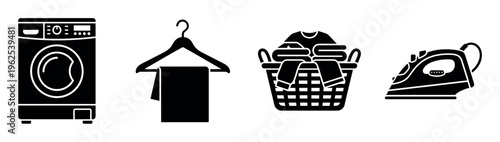 Set of black glyph icons for laundry service. Includes washing machine, hanger, clothes basket, and iron. Vector symbols for housework, cleaning, and dry cleaning concepts.