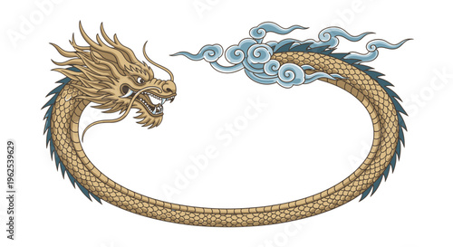 Golden dragon head with blue smoke.