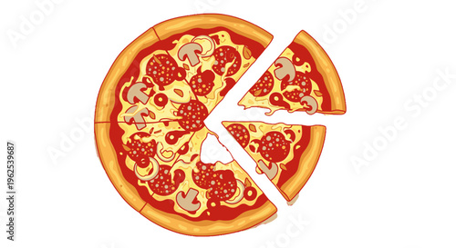 A sliced pizza with melted cheese.