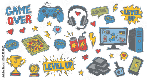 A collection of gaming stickers and icons.