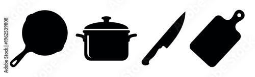 A minimalist set of black kitchen utensil icons: frying pan, cooking pot, knife, and cutting board. A simple vector graphic for culinary logos, menus, or food blogs.