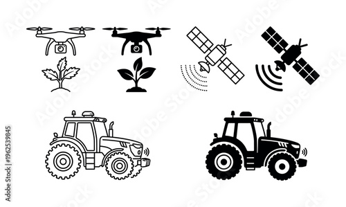 A set of modern smart farming icons. Includes drone, satellite, tractor, and plant symbols. Ideal for agriculture technology, agribusiness, and innovation concepts.