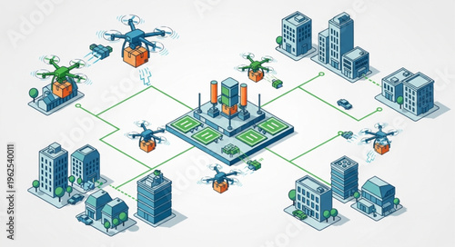 Isometric Cityscape with Drone Delivery Network and Modern Buildings.