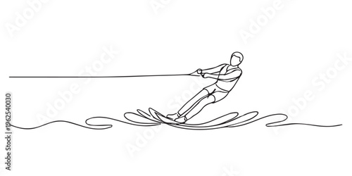 single line water skiing.continuous line drawing of man riding water skis pulled by rope.water sport action concept.one line vector illustration.
