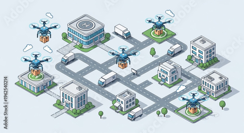 Isometric Cityscape with Drones Delivering Packages, Modern Urban Logistics.