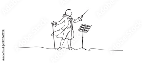 single line orchestra conductor.continuous line drawing of classical composer conducting music with baton.classical music concept.one line vector illustration.