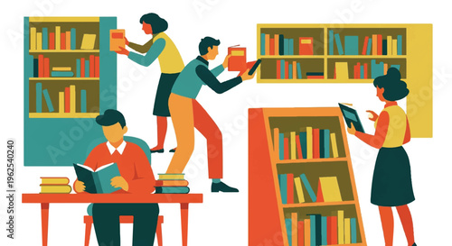 People selecting books in a library or bookstore colorful illustration