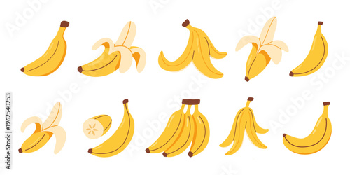 Set with bananas, bunch, whole and cut fruits and slices. Modern vector illustration isolated on white background, hand drawn, flat design