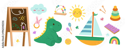 Toy set illustration dinosaur plush sailboat xylophone stacking rings chalkboard nursery toys collection colorful playful composition