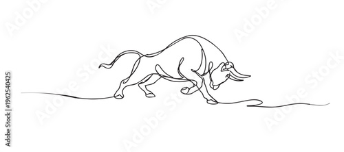 single line bull charging.continuous line drawing of aggressive bull attacking with horns.power and strength concept.one line vector illustration.