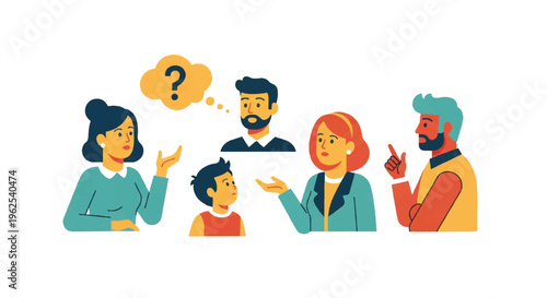 Group of diverse people in a discussion with thought bubbles