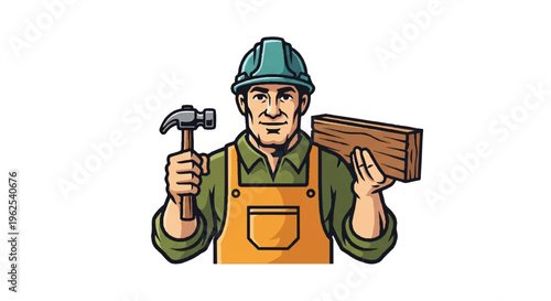 Carpenter holding hammer and wood plank vector illustration