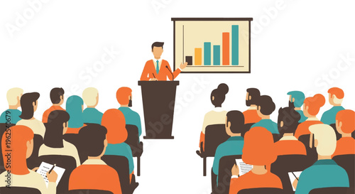 Presenter delivering a speech to an audience with a data chart illustration