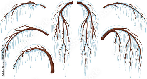 Collection of frozen winter tree branches with hanging icicles and snow covering brown wood for seasonal cold weather landscape design elements and nature backgrounds.
