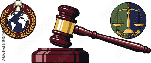 Professional wooden judge gavel and sound block with international law emblems scales of justice and global legal icons for courtroom authority and global jurisdiction concepts.