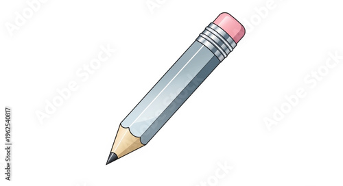 Watercolor Illustration of a Classic Gray Pencil with Pink Eraser.