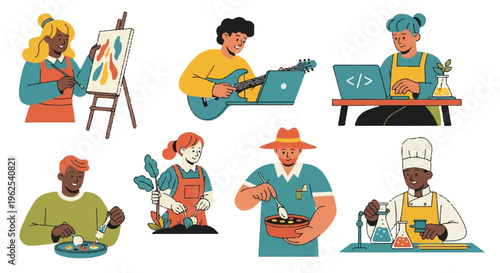 Diverse individuals engaging in various creative and professional pursuits