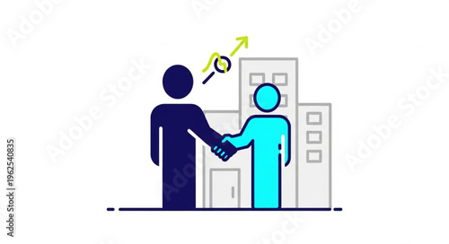Business Deal Illustration - Two Figures Shaking Hands in Front of Buildings.