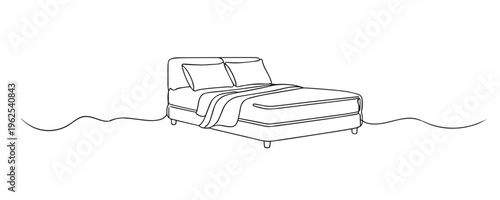 single line bed.continuous line drawing of modern bed with pillows and blanket.bedroom furniture concept.one line vector illustration.